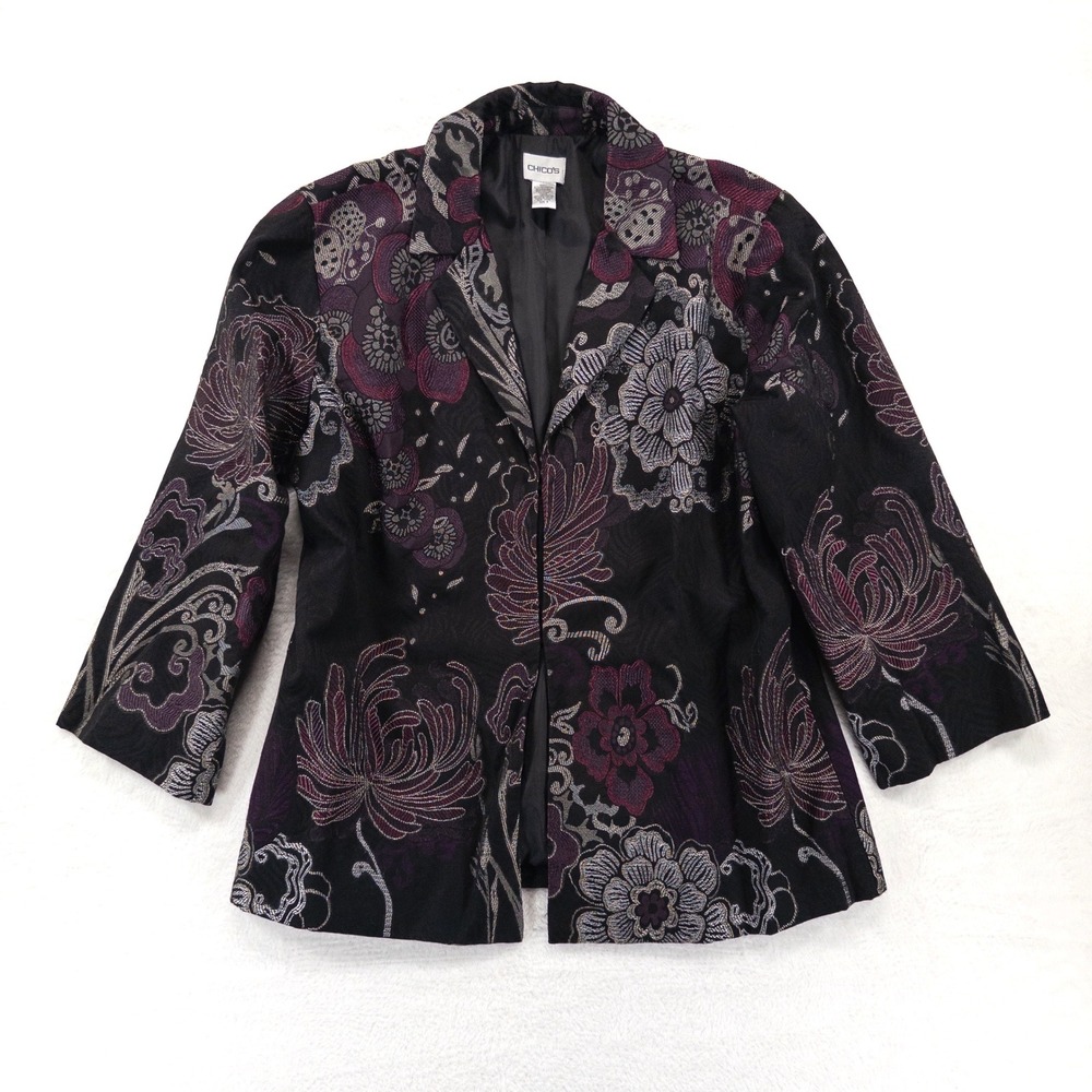 Chico's Womens Blazer Size 3 US XL Black Purple Floral Tapestry Jacquard Jacket